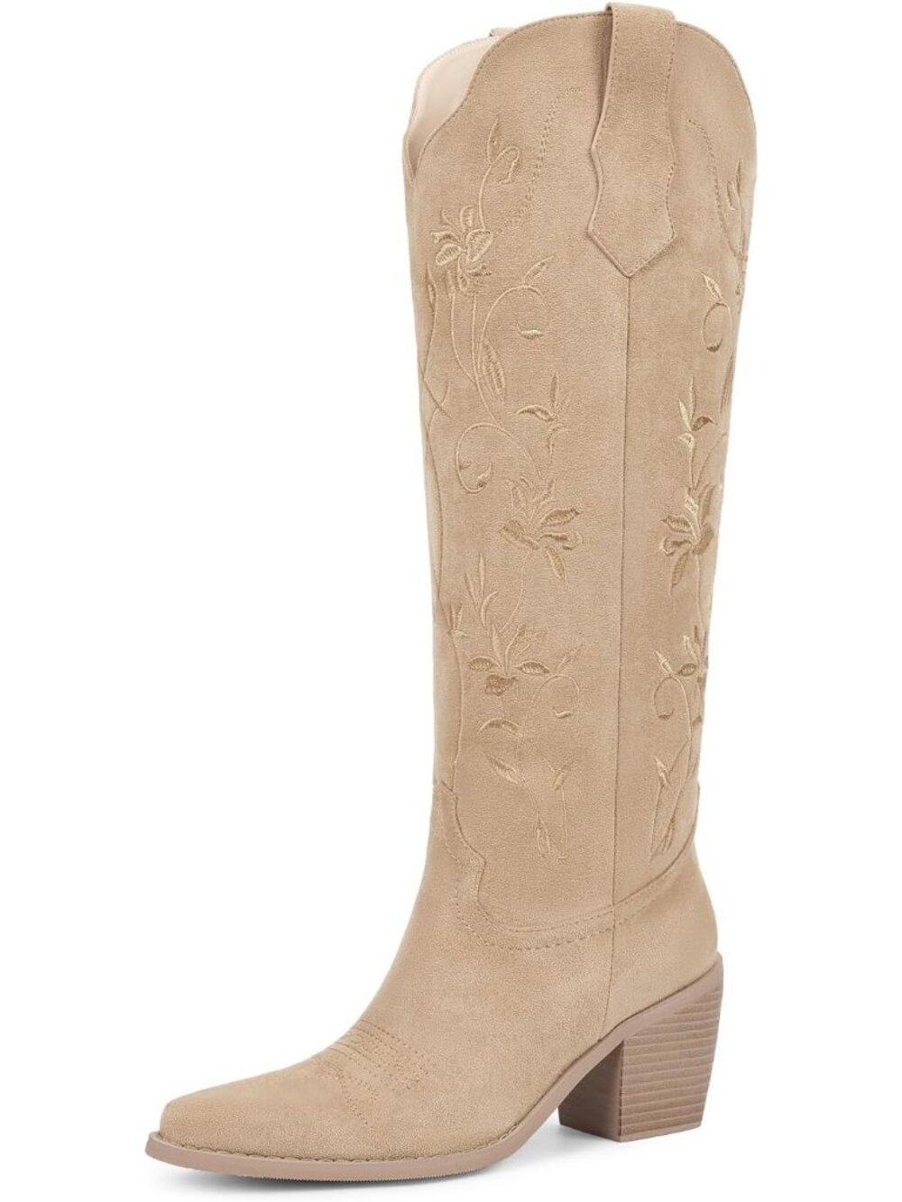 Women's Apricot Leather Pull On Knee High Cowgirl Retro Embroidered Chunky Heels